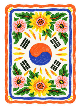 Korean Taegeuk Floral Emblem PNG - Traditional Folk Art with Transparent Background - Colorful taegeuk, trigrams, and flowers for stickers, apparel, posters, and cultural designs