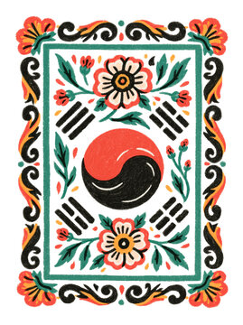 Korean Taegeuk Floral Emblem - Traditional Yin-Yang and Trigram Folk Art - Decorative Korean-inspired design with a red and black taegeuk, trigrams, flowers, and ornamental borders for posters