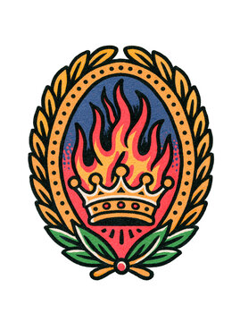 Flaming Crown Emblem - Royal Fire Badge Illustration - A bold crown surrounded by flames, laurel leaves, and decorative elements for logos, patches, tattoos, streetwear, and emblem design.