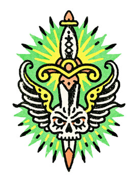 Winged Skull Dagger Emblem - Bold Folk Tattoo Style Skull with Wings, Dagger and Radiating Green Ornament - Decorative Illustration for Tattoo Flash, Stickers, Posters, Apparel, and Alternative Graphi