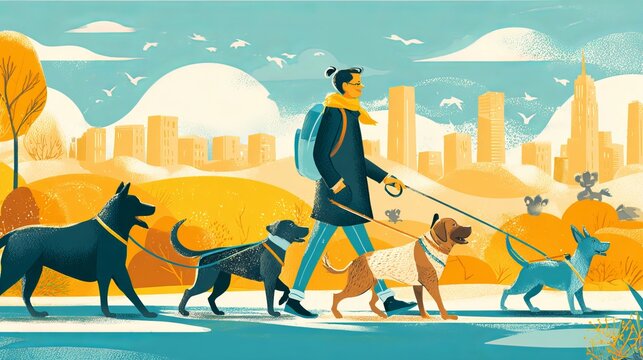 Professional dog walker leading multiple happy pets on leashes through vibrant autumn park with beautiful city skyline view