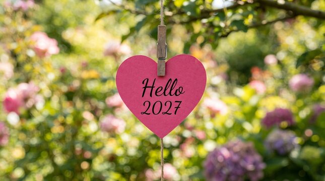 A pink heart shaped wooden sign with the words hello june hanging from a tree branch in a beautiful garden with soft focus floral background