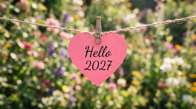 A pink heart shaped paper tag with the text hello 2027 hanging on a rope against a blurred colorful garden background for new year celebration