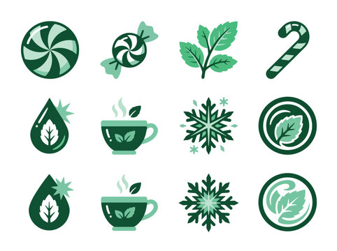 Green peppermint and herbal icons set with nature motifs.
