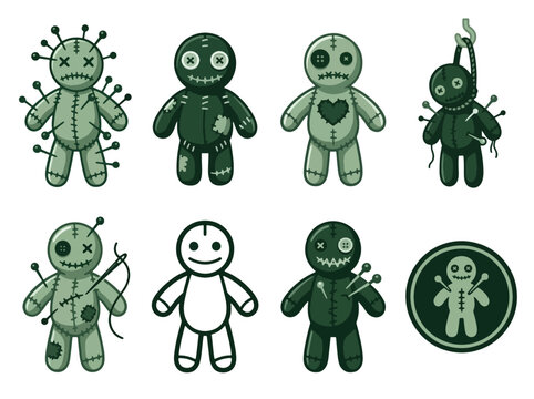 Collection of stylized voodoo doll illustrations with stitched details.