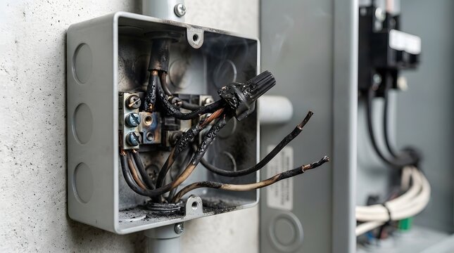 Damaged electrical box with melted wiring and burnt components on a concrete wall