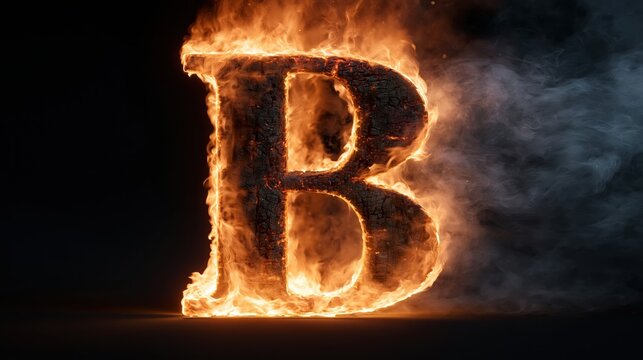Burning letter B engulfed in flames with smoke against dark background