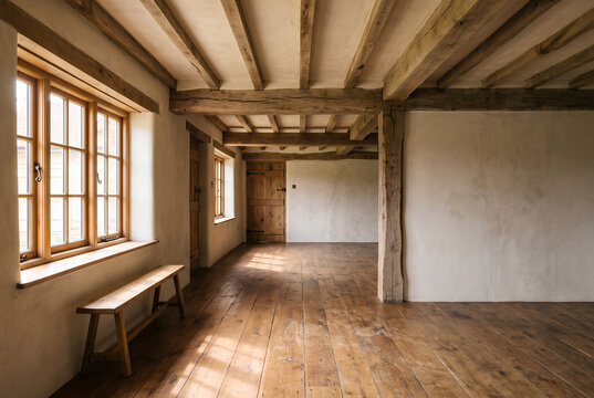 Rustic minimalist loft with exposed wooden beams and natural light