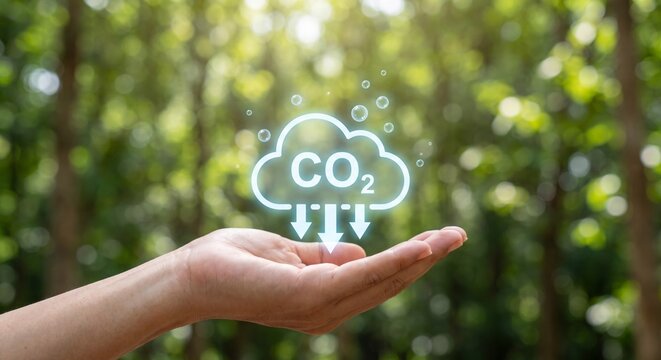 A hand holding a digital co2 emission reduction icon against a blurred green forest background with representing carbon dioxide reduction front natural