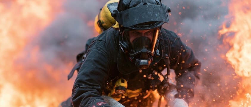 Firefighter in full turnout gear leaning forward into active flames