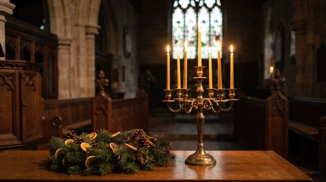 Traditional golden candelabra with burning yellow candles standing on church altar table