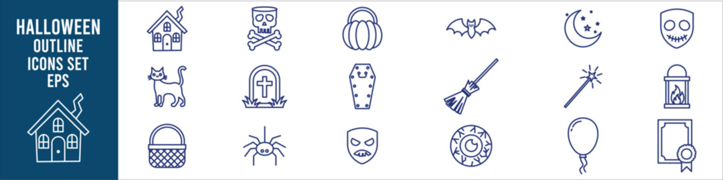 Halloween outline icon set featuring haunted house pumpkin bat skull cat coffin broom witch hat ghost spider moon balloon and spooky seasonal symbols