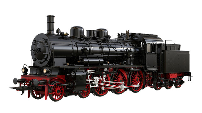Vintage black steam locomotive with red wheels and metal mechanical components