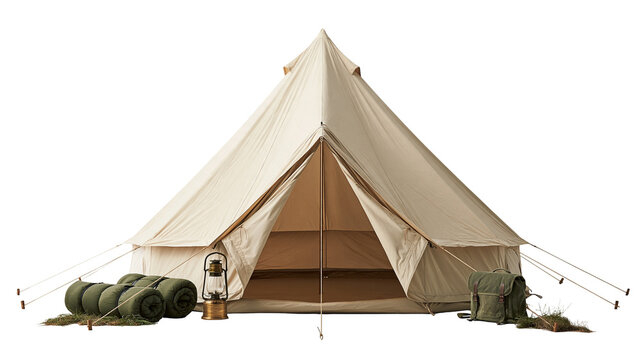 Beige canvas bell tent with green sleeping bags, vintage lantern and backpack