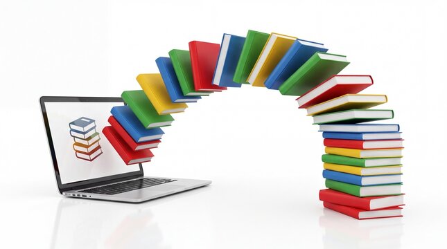 A laptop computer displays a stack of books while connecting to a large colorful pile with curved stream colorful displays icon stacked pile white surface