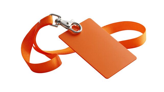 Bright orange plastic ID badge holder with matching fabric lanyard and metal clip