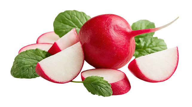 Fresh whole red radish with sliced pieces and green mint leaves