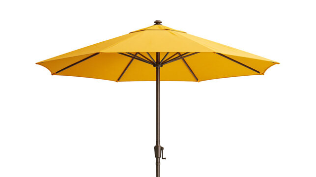 Bright yellow outdoor patio umbrella with dark metal pole and crank mechanism
