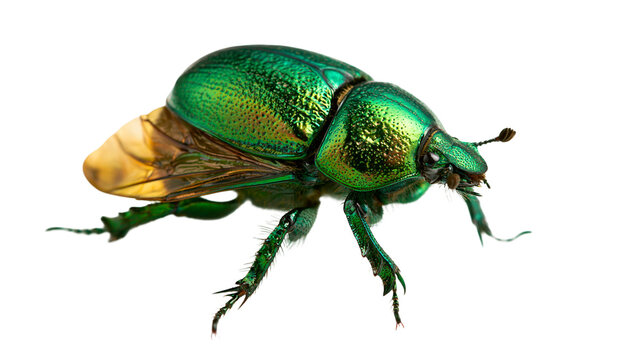 Metallic green scarab beetle with iridescent shell and extended translucent wings