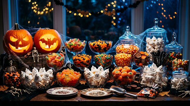 Abundant Halloween candy buffet with carved pumpkins, ghost meringues, and spooky decorations