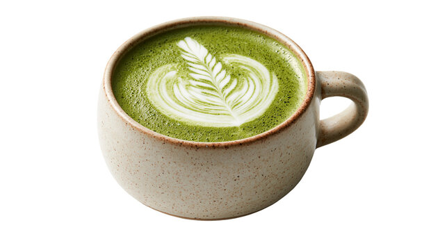 Matcha green tea latte with leaf pattern foam art in a speckled ceramic cup