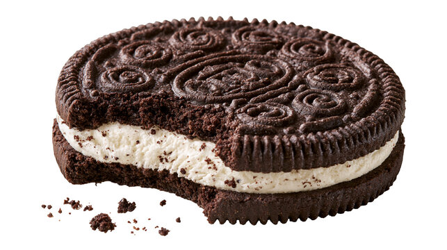 Bitten chocolate sandwich cookie with white cream filling and textured surface