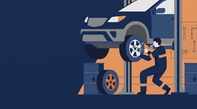 Mechanic loosening wheel nuts with lug wrench
