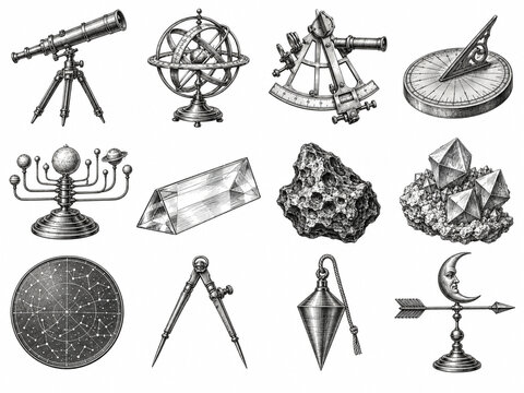 Vintage astronomy and scientific objects collection with telescope, armillary sphere, sextant, sundial and orrery. Detailed black and white illustrations in engraved style, isolated on white