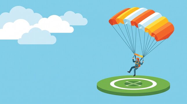 Skydiver under open parachute descending to field