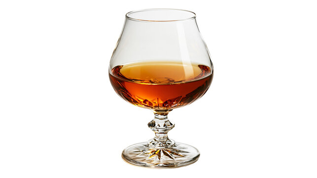 Crystal snifter glass filled with amber colored cognac or brandy