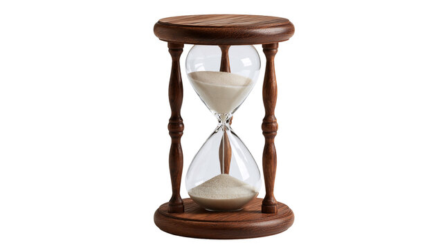 Classic wooden hourglass with white sand inside glass bulbs