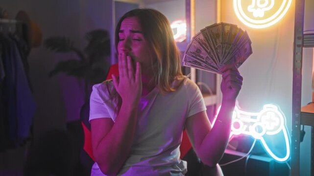 Woman holding dollars with hand to mouth in studio with neon game controller and shelf, visible reaction; surprise risk reward.