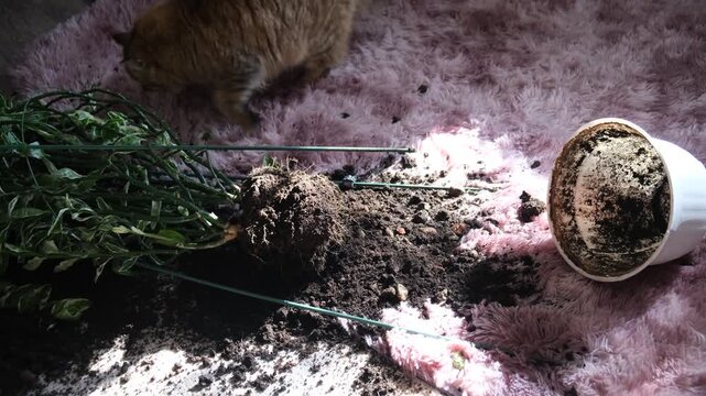 Mischievous and curious cat, playful pet knocked over a flower pot, spilling soil onto beautiful fluffy rug. Cute, relatable moment of mischief and chaos. Domestic scene with a humorous &ldquo;oops&rdquo; moment