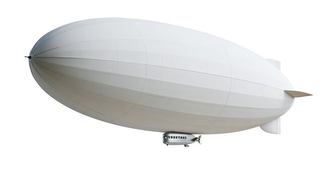 Large white zeppelin airship with metallic passenger gondola and rear stabilizers