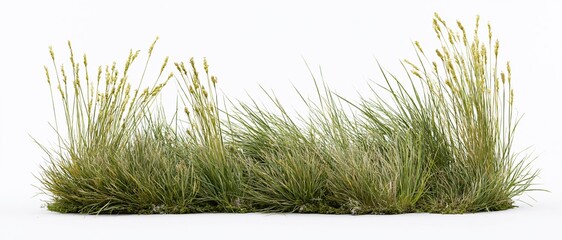 Naklejka premium Low clump of wild meadow grass with tall seed heads isolated on white background