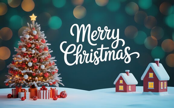 Merry christmas greeting with a decorated tree, snowy houses, and bokeh lights background