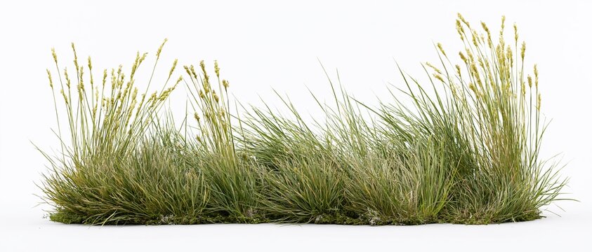Low clump of wild meadow grass with tall seed heads isolated on white background