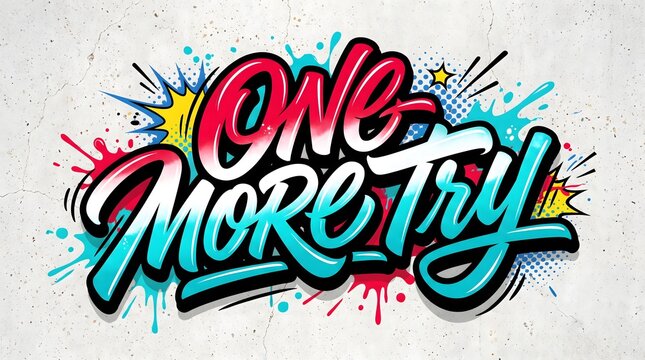 Colorful graffiti-inspired typography artwork featuring the phrase One More Try with energetic brush strokes, paint splashes, and expressive hand lettering.