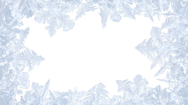 Frame of icy blue frost crystals forming a delicate winter border around an empty center for holiday cards in PNG, Transparent and Black Background Versions