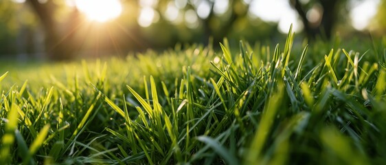 Obraz premium Closeup of fresh green grass blades in sunlight with blurred trees in background