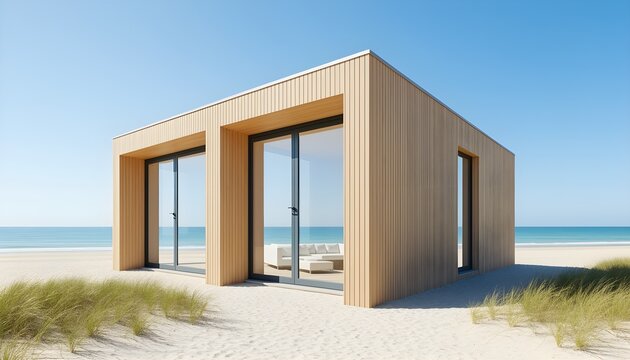A minimalist beach house with wood siding and large glass doors, bright coastal light