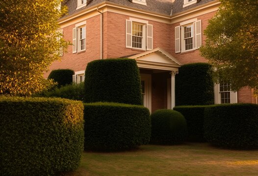 A colonial-style house with manicured hedges and a brick facade, soft golden light
