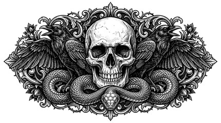 Fototapeta premium Gothic Human Skull with Ravens and Coiled Snake Vintage Engraving Illustration