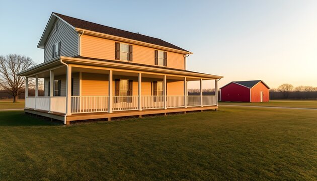 A farmhouse exterior with a wraparound porch and a red barn nearby, warm afternoon light
