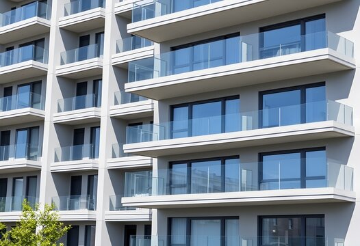 A modern apartment building with balconies and glass railings, bright daylight