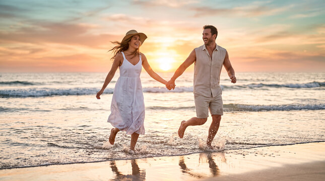 Couple courant dans les vagues au coucher du soleil