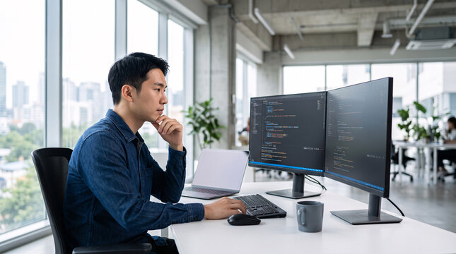 D&eacute;veloppeur travaillant sur du code devant plusieurs &eacute;crans