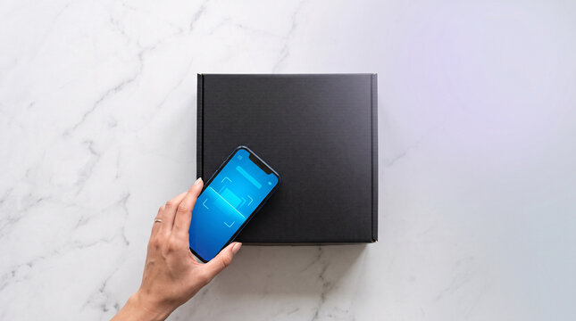 Main scannant un colis avec un smartphone