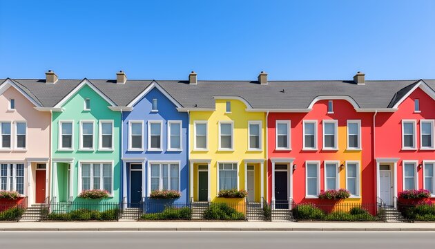 A row of townhouses with colorful facades, bright daylight
