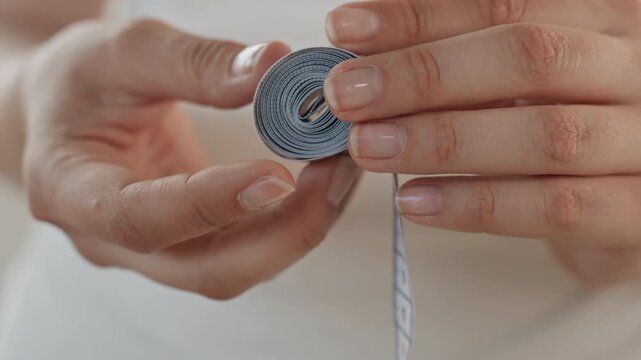 Woman hands carefully manipulate measuring tape rolling and unrolling it with precise movements. focus remains on texture of her skin and details of blue fabric covered measurement tool